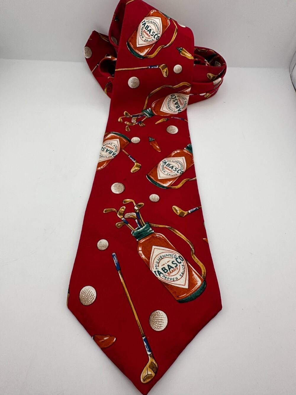 Tabasco Golf Tie 100% Silk Red Novelty Golf Clubs Balls McIlhenny USA Theme